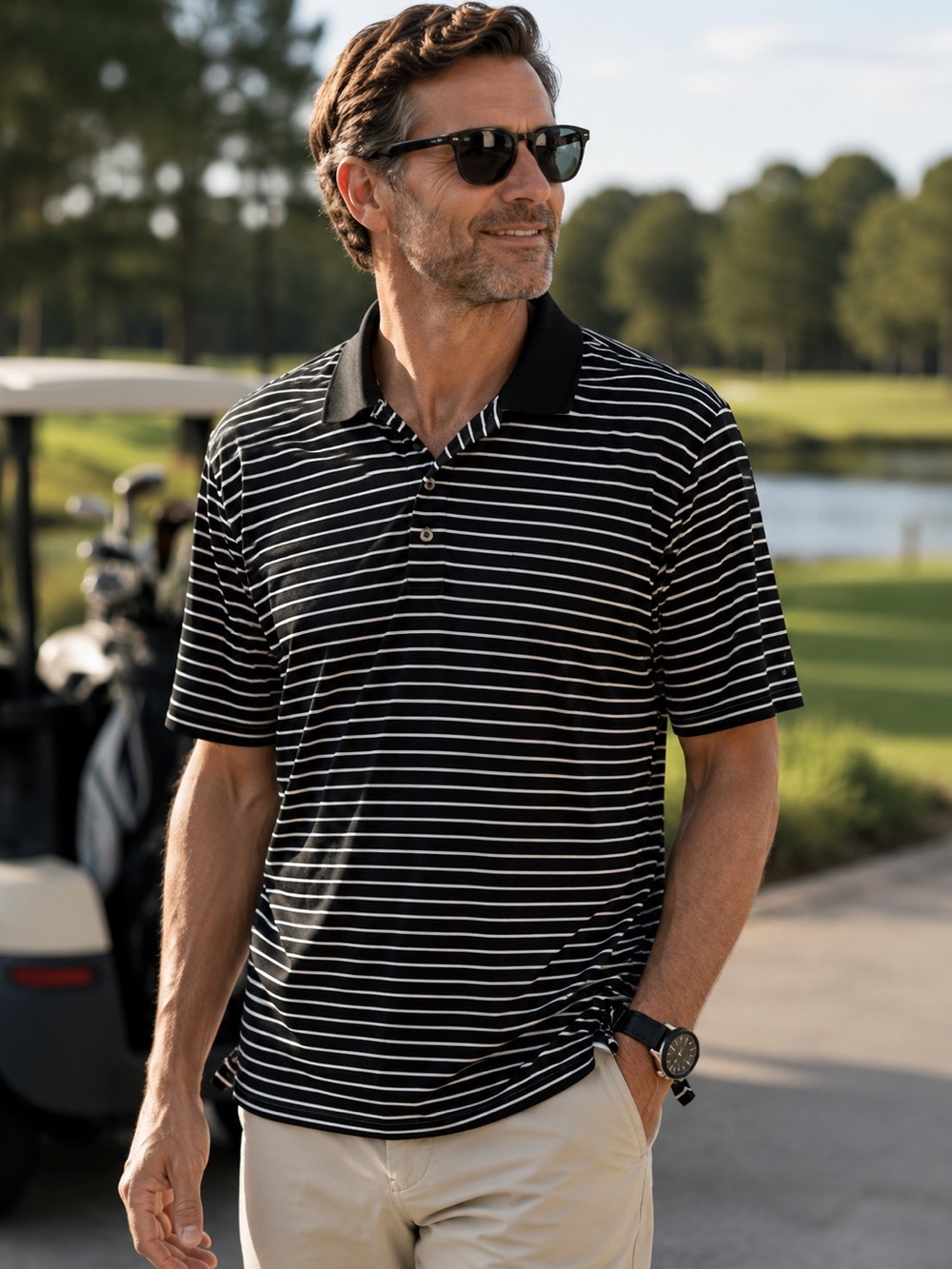 RLX Ralph Lauren Golf Polo Large Black White Striped Performance Stretch Shirt
